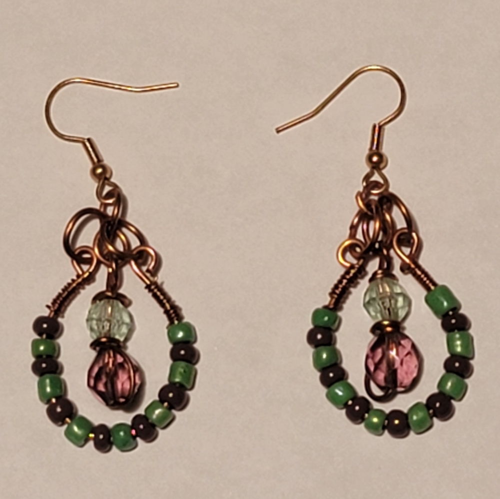Purple & Green Beaded Copper Earrings